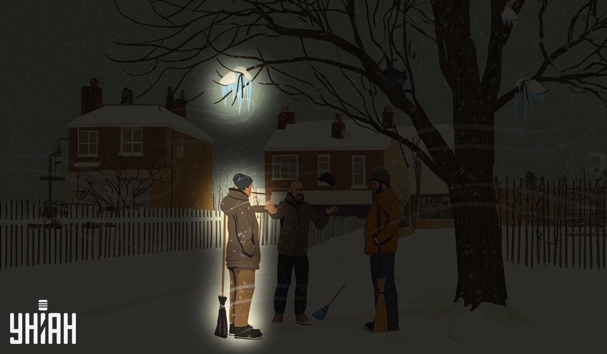 Een van de conciërges stond onder de ijspegels die aan de boom hingen / Moje collage